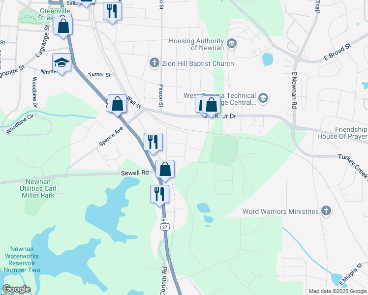 map of restaurants, bars, coffee shops, grocery stores, and more near 19 Landers Street in Newnan