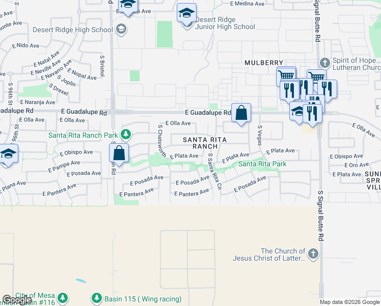 map of restaurants, bars, coffee shops, grocery stores, and more near 10304 East Plata Avenue in Mesa