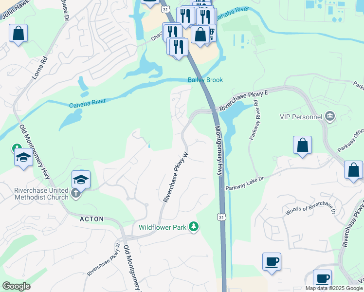 map of restaurants, bars, coffee shops, grocery stores, and more near 626 Riverchase Pkwy W in Birmingham