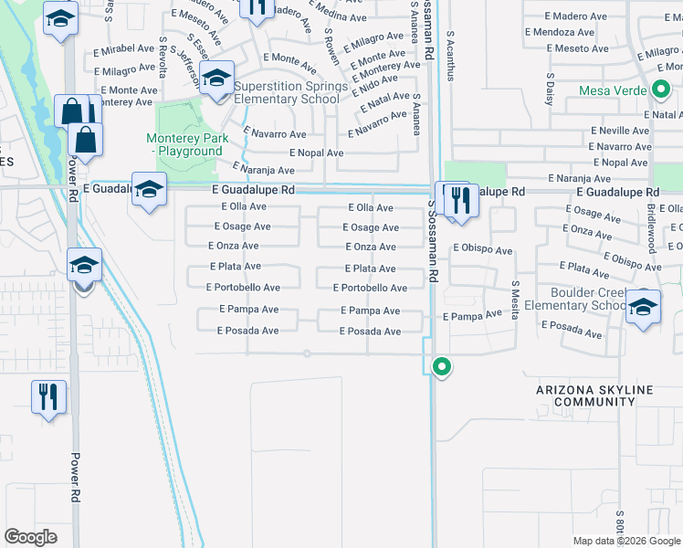 map of restaurants, bars, coffee shops, grocery stores, and more near 7409 East Plata Avenue in Mesa
