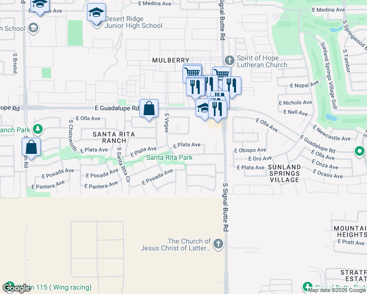 map of restaurants, bars, coffee shops, grocery stores, and more near 10625 East Plata Avenue in Mesa