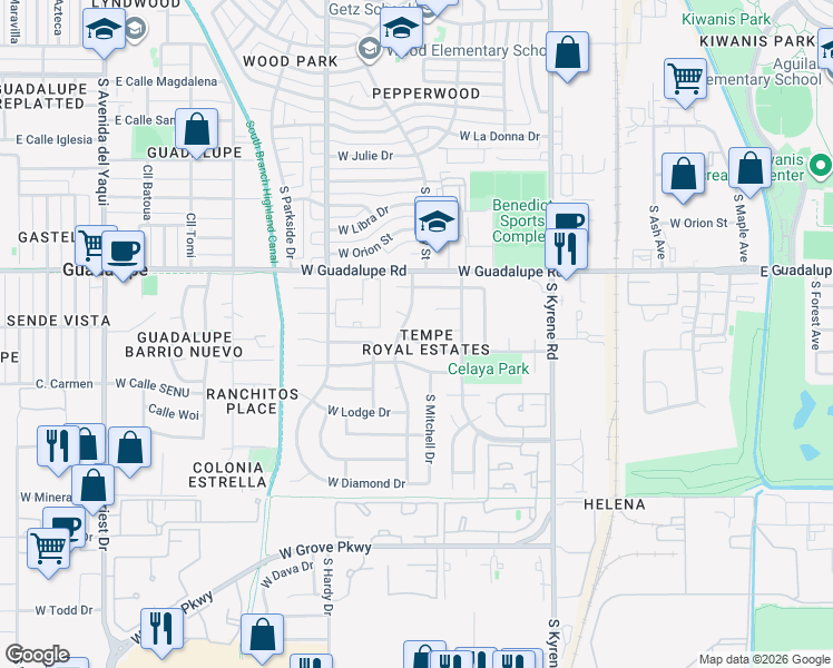 map of restaurants, bars, coffee shops, grocery stores, and more near 720 West Vaughn Street in Tempe
