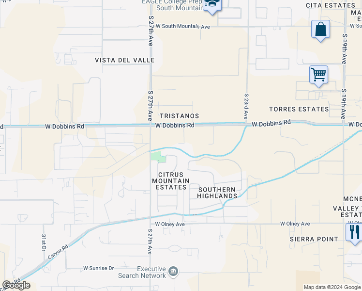 map of restaurants, bars, coffee shops, grocery stores, and more near 2533 West Dobbins Road in Phoenix
