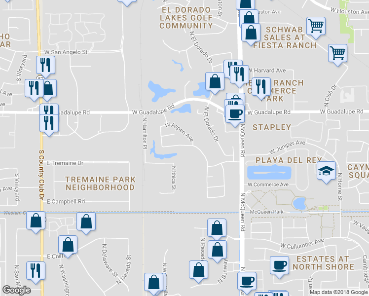 map of restaurants, bars, coffee shops, grocery stores, and more near 1847 West Redfield Road in Gilbert