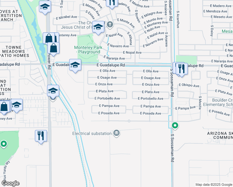 map of restaurants, bars, coffee shops, grocery stores, and more near 7239 East Plata Avenue in Mesa