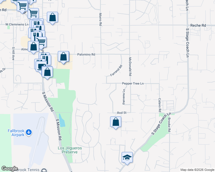 map of restaurants, bars, coffee shops, grocery stores, and more near 929 Pepper Tree Lane in Fallbrook