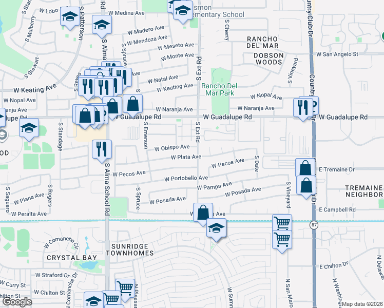 map of restaurants, bars, coffee shops, grocery stores, and more near 810 West Plata Avenue in Mesa
