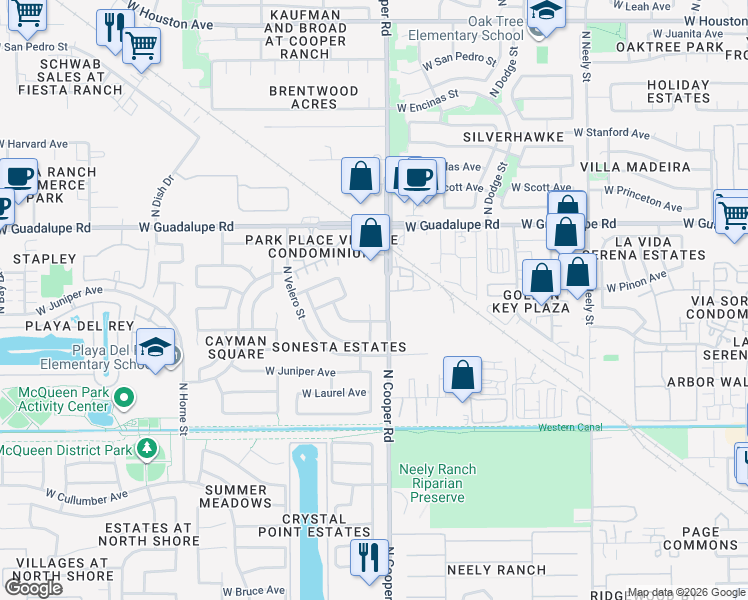 map of restaurants, bars, coffee shops, grocery stores, and more near North Cooper Road in Gilbert