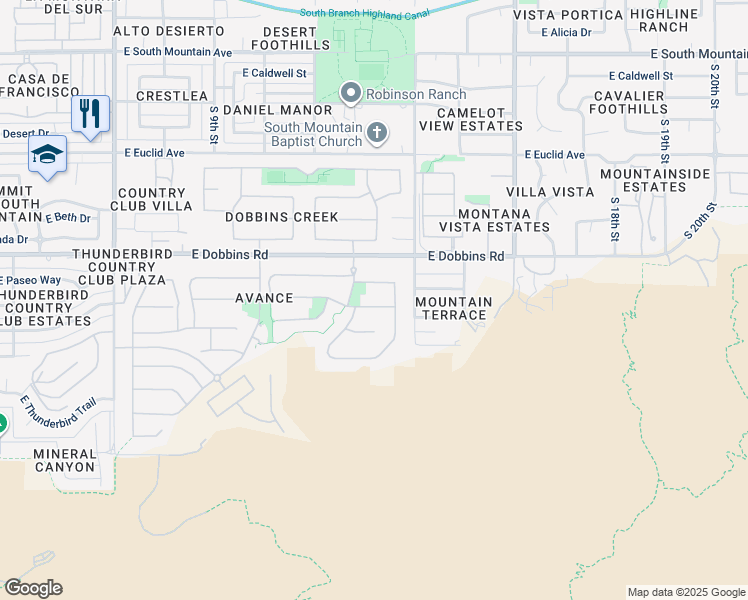 map of restaurants, bars, coffee shops, grocery stores, and more near 1344 East La Mirada Drive in Phoenix