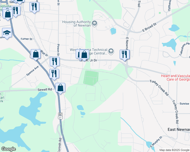 map of restaurants, bars, coffee shops, grocery stores, and more near 80 Milton Avenue in Newnan