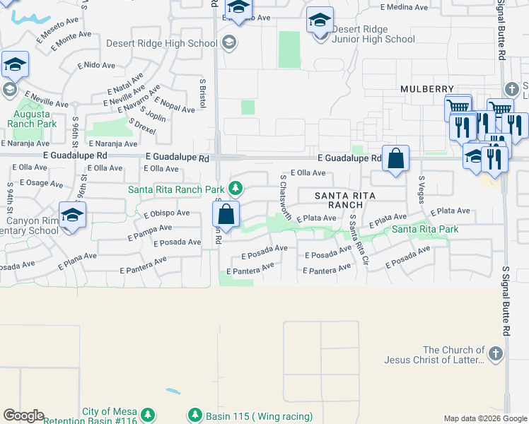map of restaurants, bars, coffee shops, grocery stores, and more near 10101 East Plata Avenue in Mesa