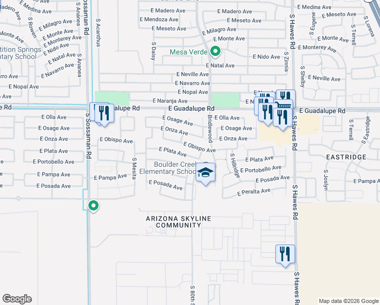map of restaurants, bars, coffee shops, grocery stores, and more near 8014 East Plata Avenue in Mesa