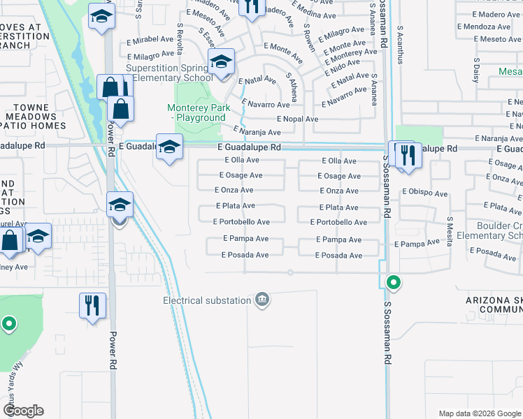 map of restaurants, bars, coffee shops, grocery stores, and more near 7239 East Plata Avenue in Mesa