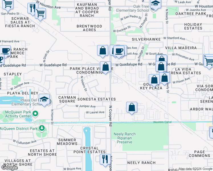 map of restaurants, bars, coffee shops, grocery stores, and more near North Cooper Road in Gilbert