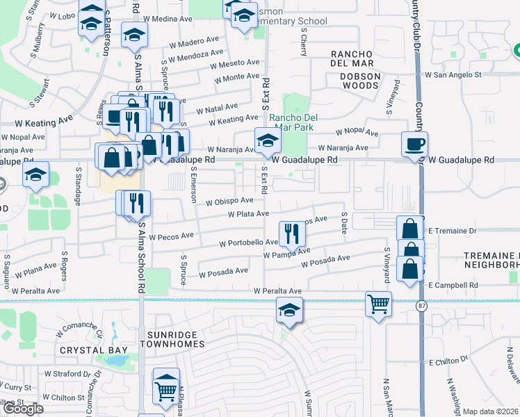 map of restaurants, bars, coffee shops, grocery stores, and more near 810 West Plata Avenue in Mesa