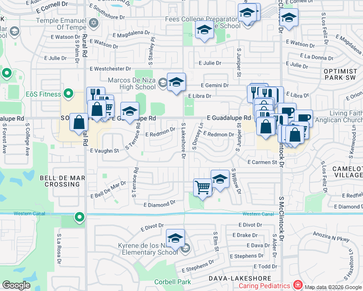 map of restaurants, bars, coffee shops, grocery stores, and more near 6621 South Lakeshore Drive in Tempe