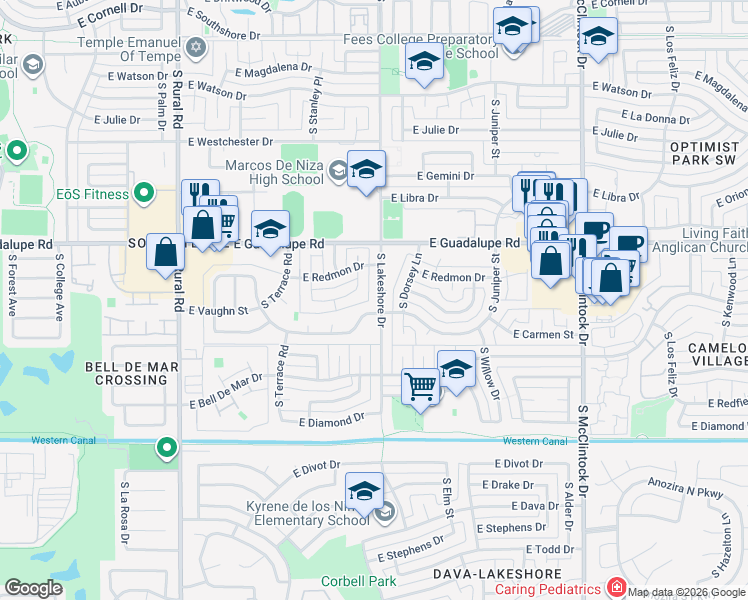 map of restaurants, bars, coffee shops, grocery stores, and more near 6621 South Lakeshore Drive in Tempe