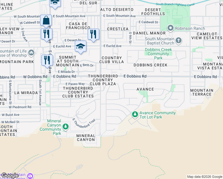 map of restaurants, bars, coffee shops, grocery stores, and more near 717 East Hopi Trail in Phoenix