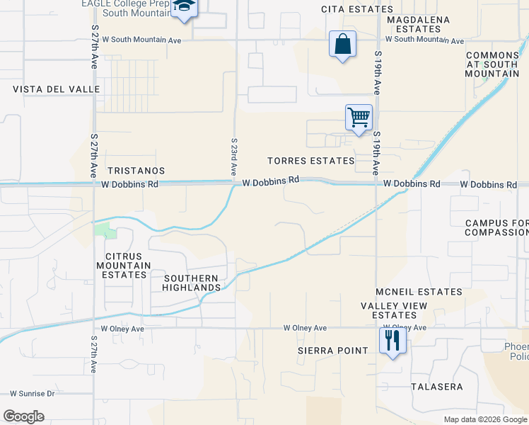 map of restaurants, bars, coffee shops, grocery stores, and more near 2121 West Dobbins Road in Phoenix