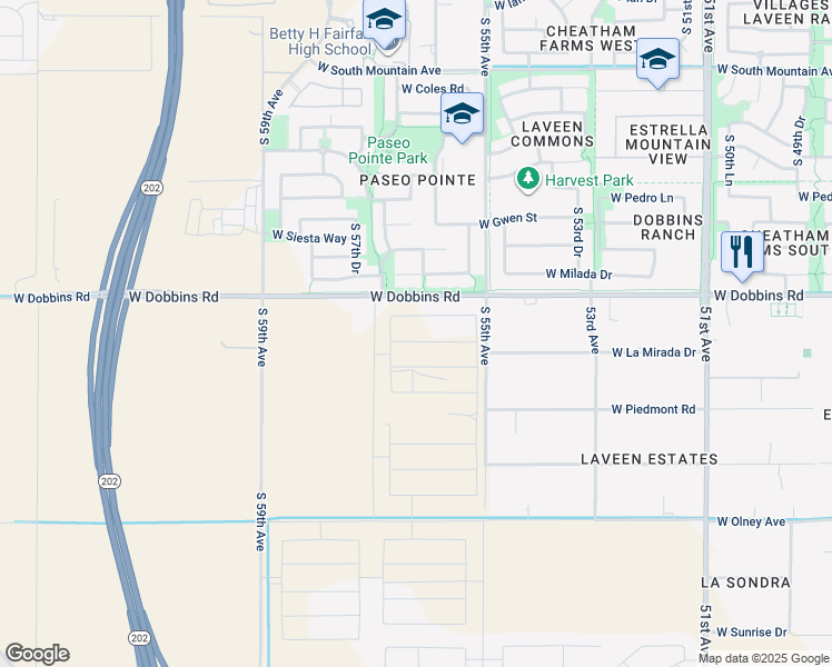map of restaurants, bars, coffee shops, grocery stores, and more near 5599 West Dobbins Road in Phoenix
