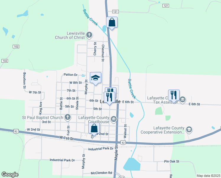 map of restaurants, bars, coffee shops, grocery stores, and more near 708 Spruce Street in Lewisville