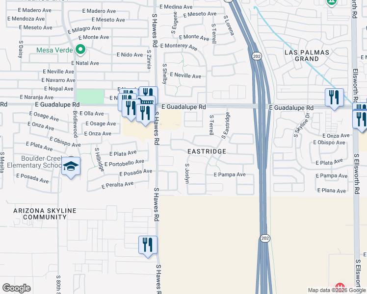 map of restaurants, bars, coffee shops, grocery stores, and more near 8454 East Portobello Avenue in Mesa