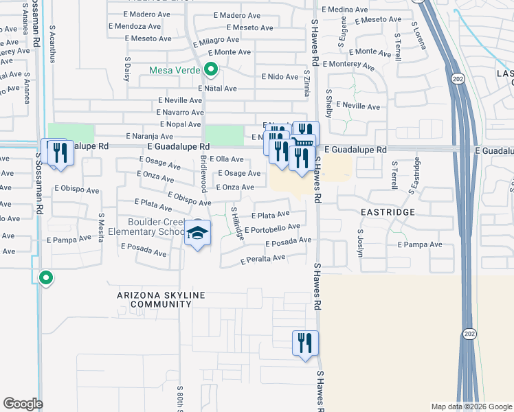 map of restaurants, bars, coffee shops, grocery stores, and more near 8206 East Plata Avenue in Mesa