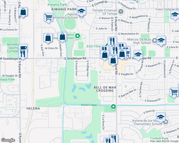 map of restaurants, bars, coffee shops, grocery stores, and more near 6603 South College Avenue in Tempe