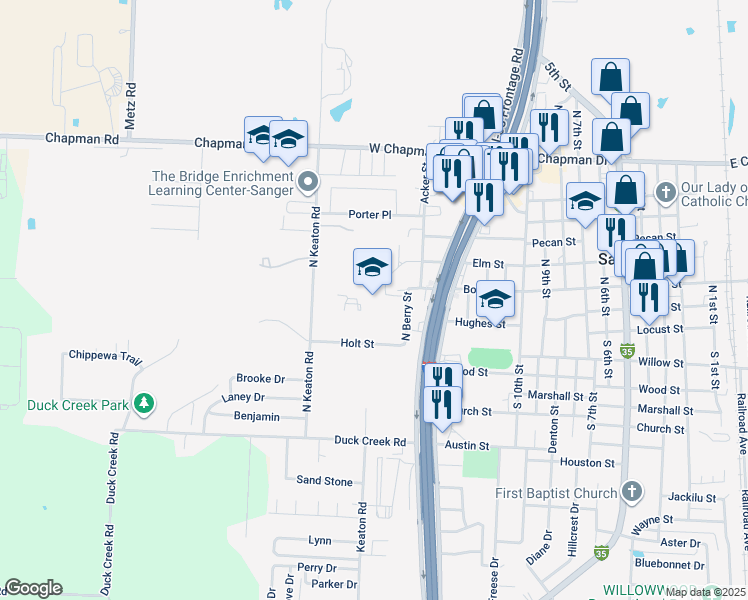 map of restaurants, bars, coffee shops, grocery stores, and more near 105 North Berry Street in Sanger