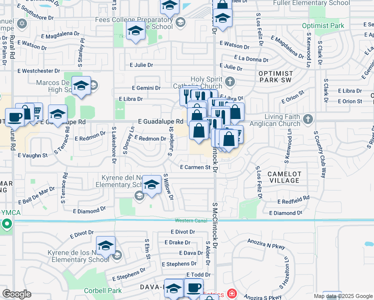 map of restaurants, bars, coffee shops, grocery stores, and more near 6498 South Butte Avenue in Tempe