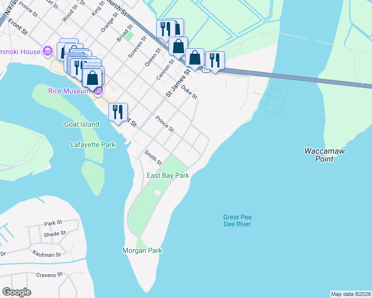 map of restaurants, bars, coffee shops, grocery stores, and more near 103 Bolick Street in Georgetown