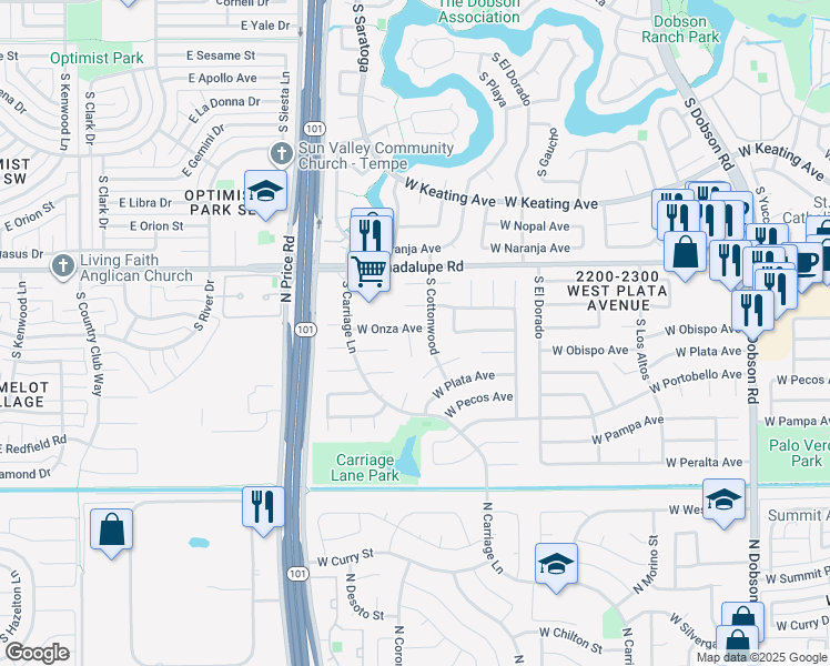 map of restaurants, bars, coffee shops, grocery stores, and more near 2921 South Estrella Circle in Mesa