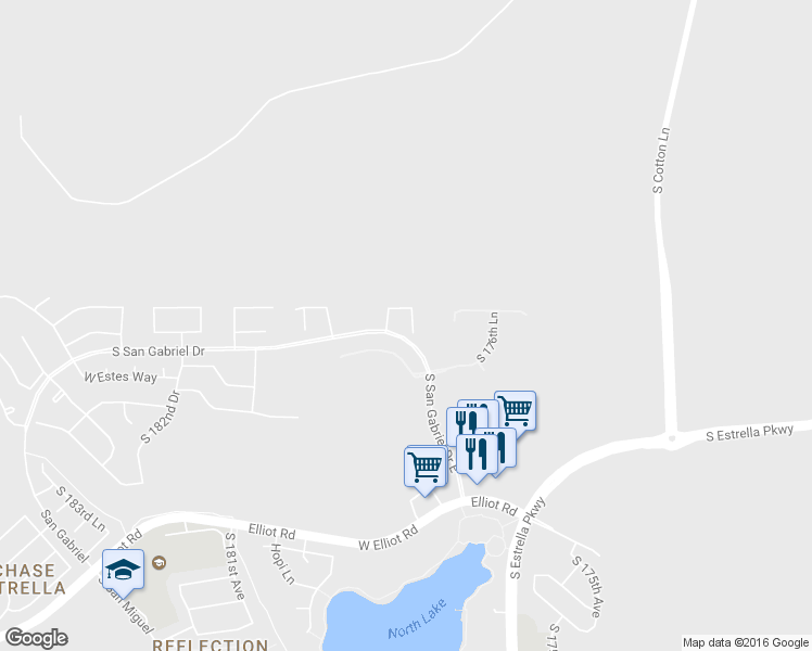 map of restaurants, bars, coffee shops, grocery stores, and more near 9344 South 178th Avenue in Goodyear