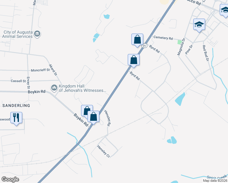 map of restaurants, bars, coffee shops, grocery stores, and more near 3720 Peach Orchard Road in Augusta
