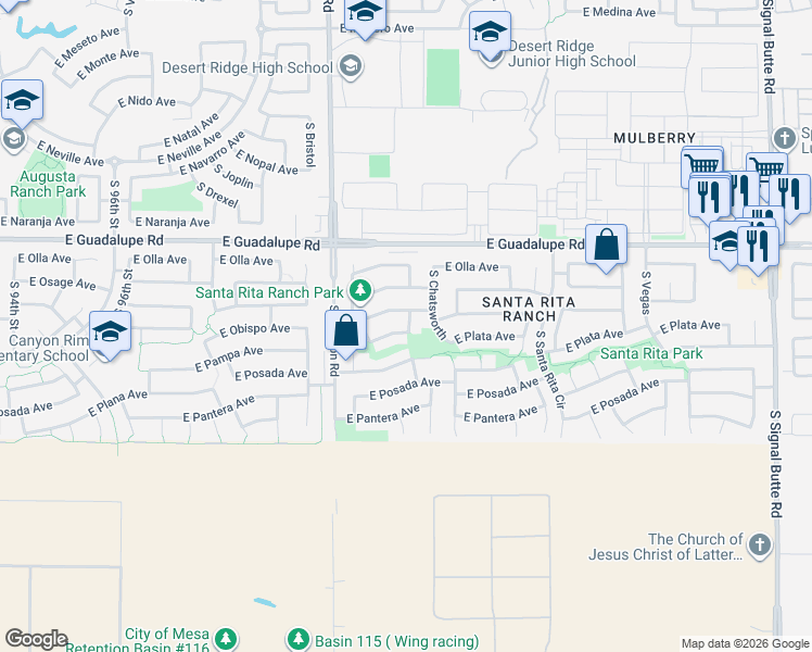 map of restaurants, bars, coffee shops, grocery stores, and more near 10101 East Plata Avenue in Mesa