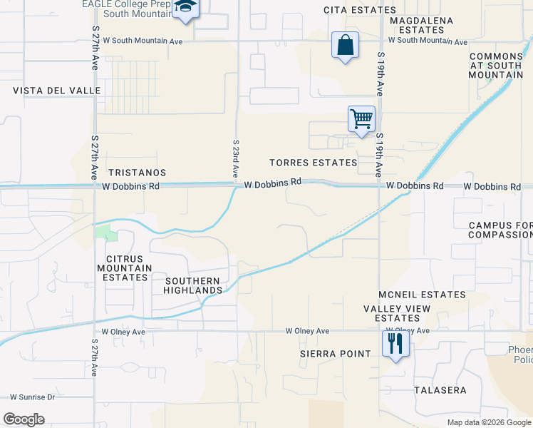 map of restaurants, bars, coffee shops, grocery stores, and more near 2121 West Dobbins Road in Phoenix