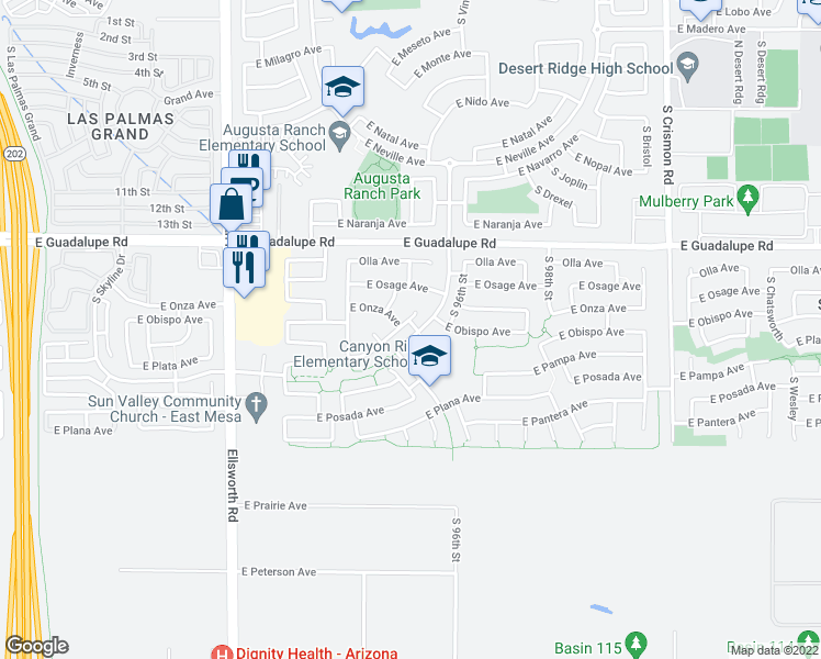 map of restaurants, bars, coffee shops, grocery stores, and more near 9515 East Plata Avenue in Mesa