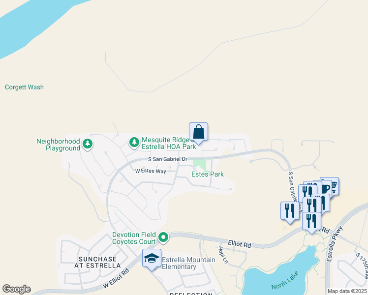 map of restaurants, bars, coffee shops, grocery stores, and more near 18208 West La Mirada Drive in Goodyear
