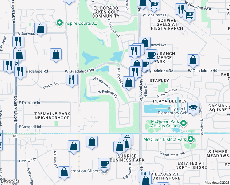 map of restaurants, bars, coffee shops, grocery stores, and more near 1796 West Redfield Road in Gilbert