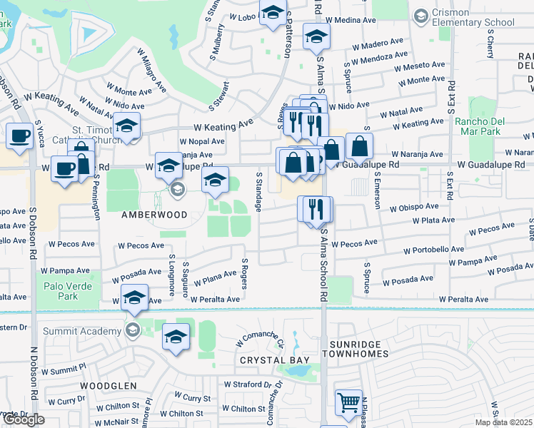 map of restaurants, bars, coffee shops, grocery stores, and more near 1356 West Obispo Avenue in Mesa