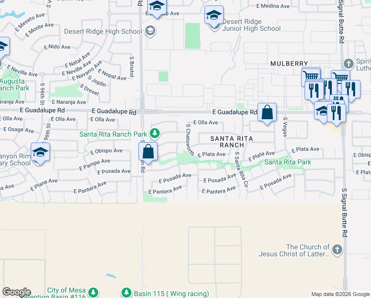 map of restaurants, bars, coffee shops, grocery stores, and more near 2938 South Chatsworth in Mesa