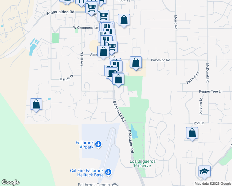 map of restaurants, bars, coffee shops, grocery stores, and more near 1678 South Mission Road in Fallbrook