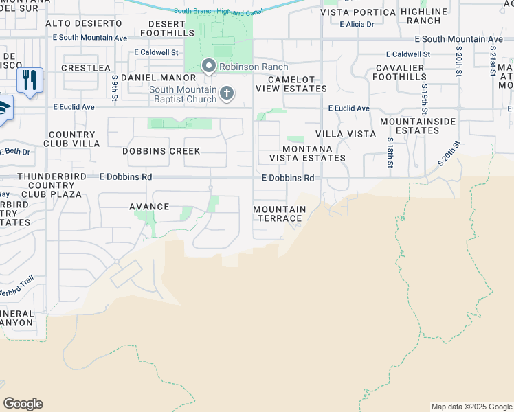 map of restaurants, bars, coffee shops, grocery stores, and more near 1402 East La Mirada Drive in Phoenix