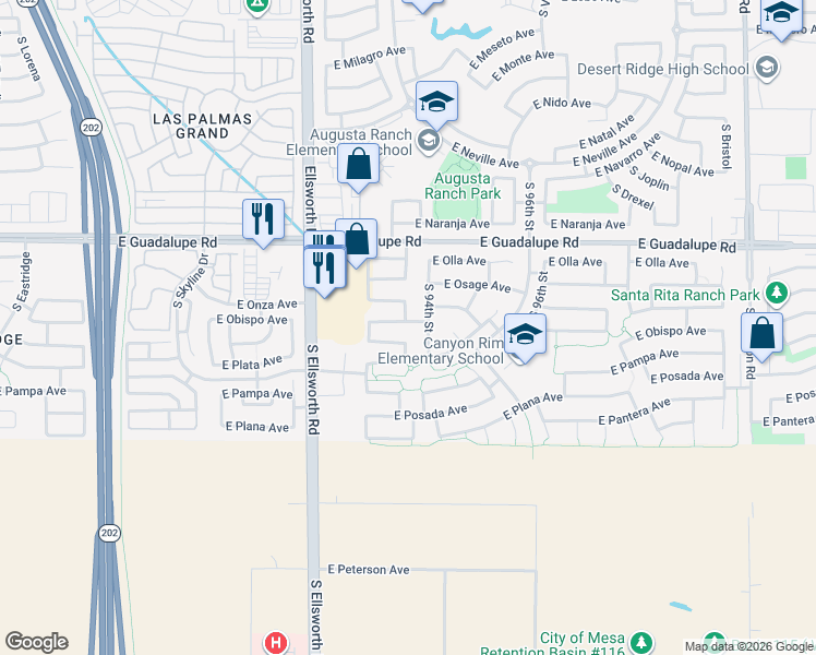 map of restaurants, bars, coffee shops, grocery stores, and more near 2950 South 94th Street in Mesa