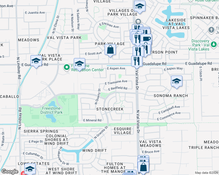 map of restaurants, bars, coffee shops, grocery stores, and more near 639 North Cobblestone Street in Gilbert