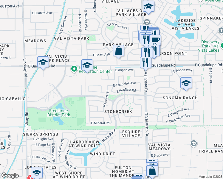 map of restaurants, bars, coffee shops, grocery stores, and more near 639 North Cobblestone Street in Gilbert