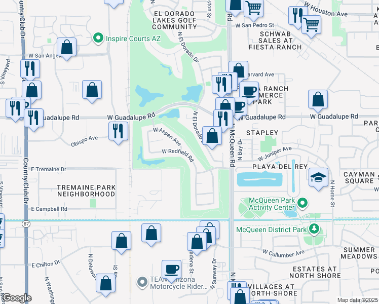 map of restaurants, bars, coffee shops, grocery stores, and more near 1796 West Redfield Road in Gilbert