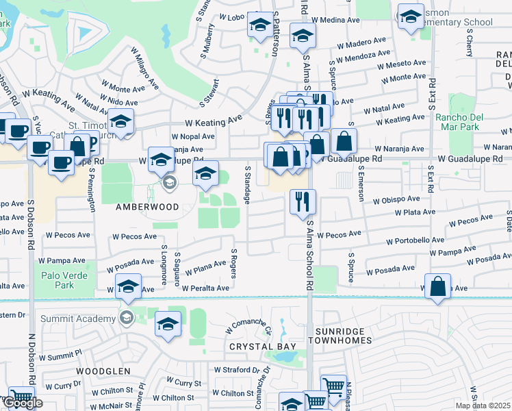 map of restaurants, bars, coffee shops, grocery stores, and more near 1356 West Obispo Avenue in Mesa