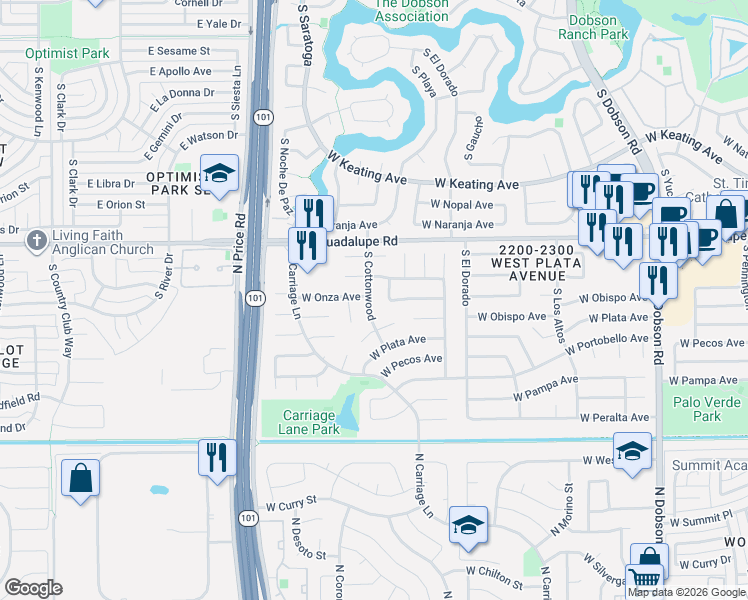 map of restaurants, bars, coffee shops, grocery stores, and more near 2921 South Estrella Circle in Mesa