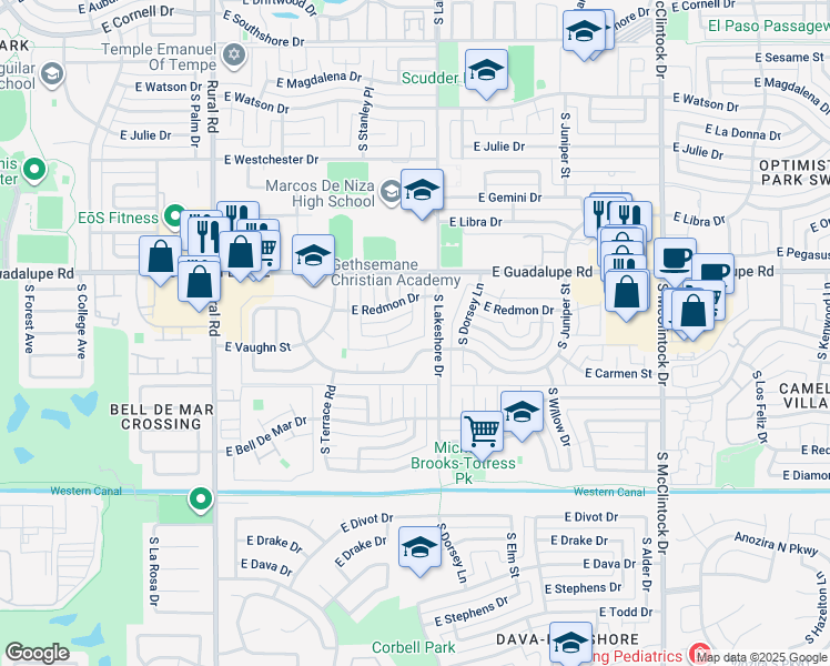 map of restaurants, bars, coffee shops, grocery stores, and more near 1180 East Carmen Street in Tempe